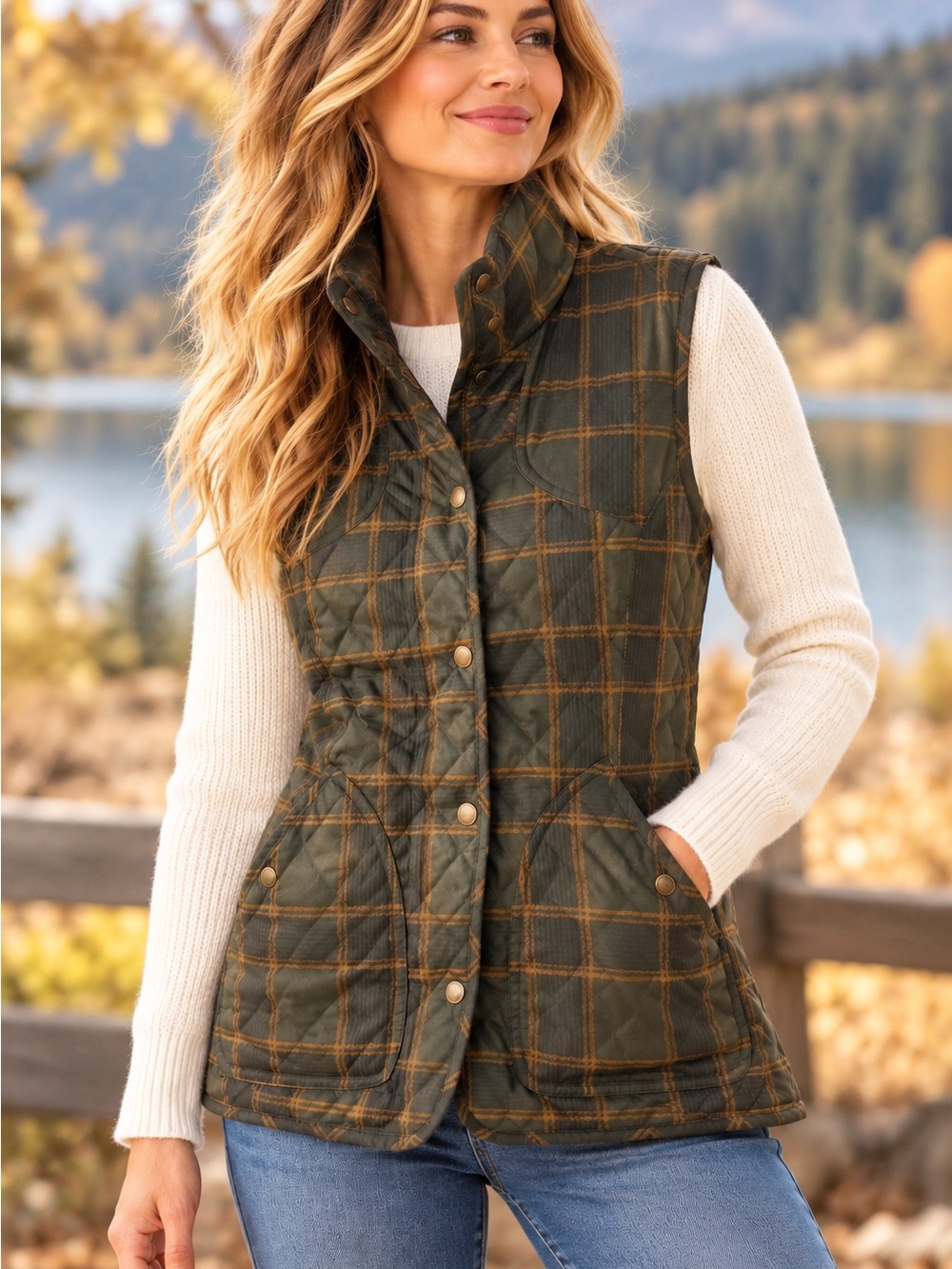 Eddie Bauer Sport Shop Medium Tall Quilted Plaid Insulated Vest Snap Front